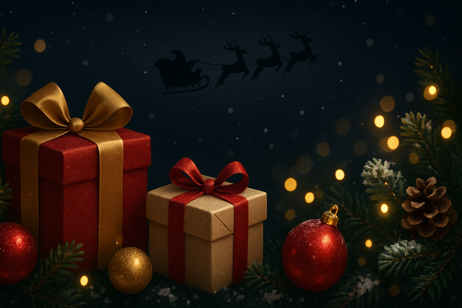 Give me a footer backround image with black overlay related chirstmast gift santa etc... as there will be content  like menus text icons up of this backforund image so you know how to best fit